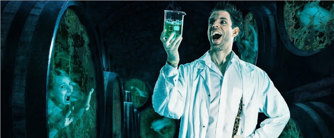 mad scientist with a chemical beaker and test prisoners in the background