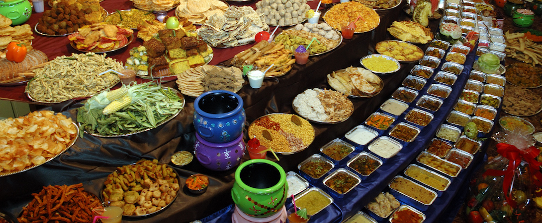 Annakut festivel with hundreds of vegetarian dishes placed on a table