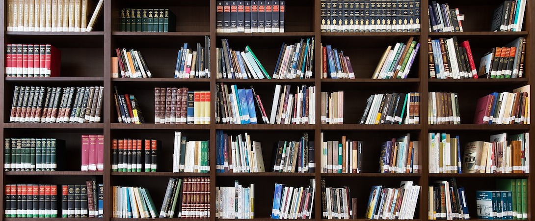 bookshelf of research books